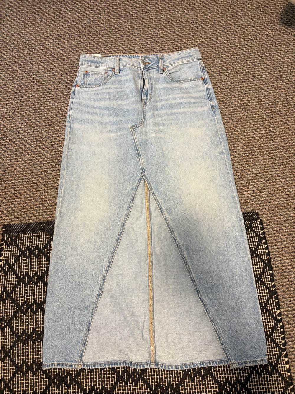 American Eagle Outfitters Light Blue Denim Maxi Skirt with Center Front Slit